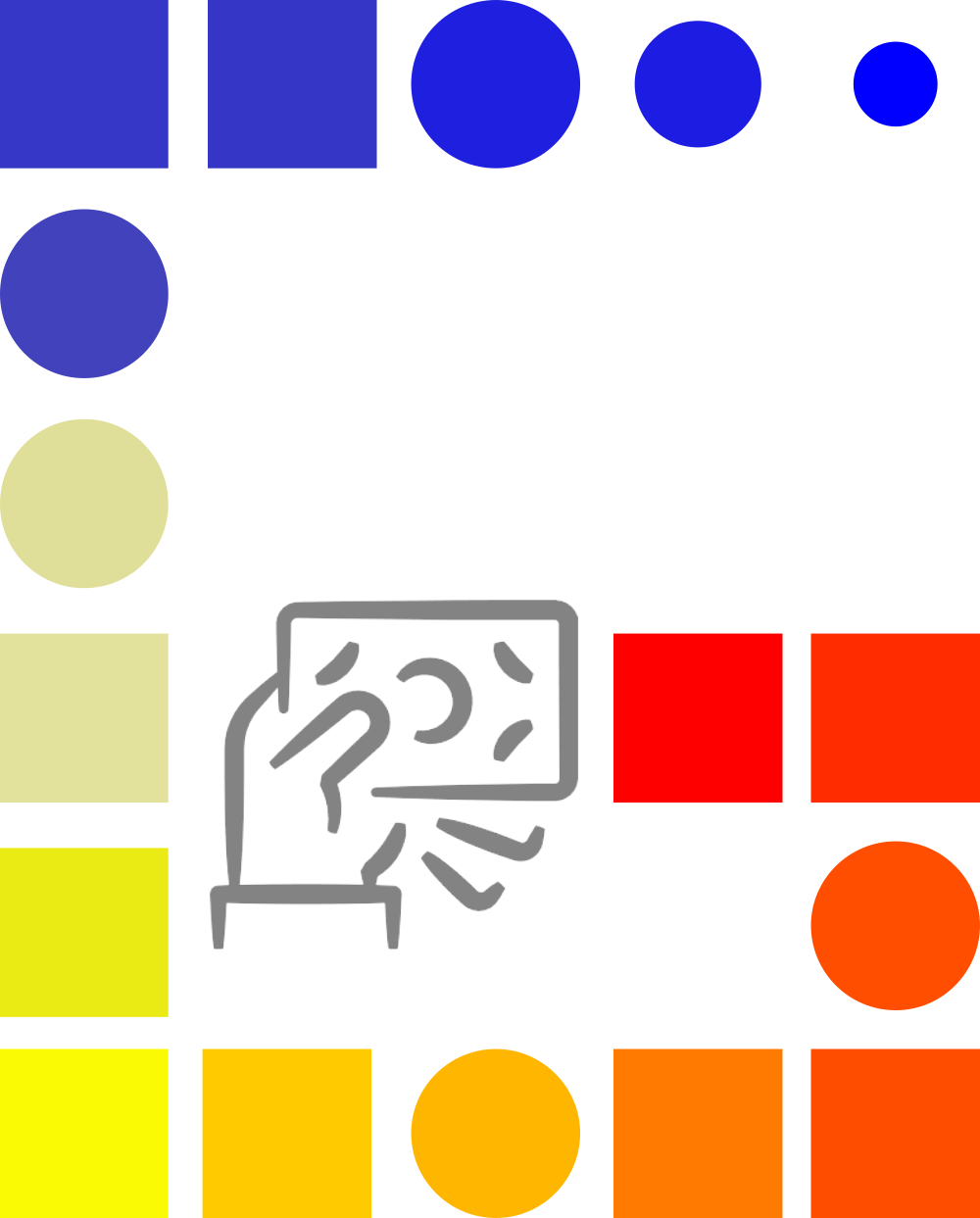 G initial made from circles and squares coloured with a gradient from red to blue through yellow.