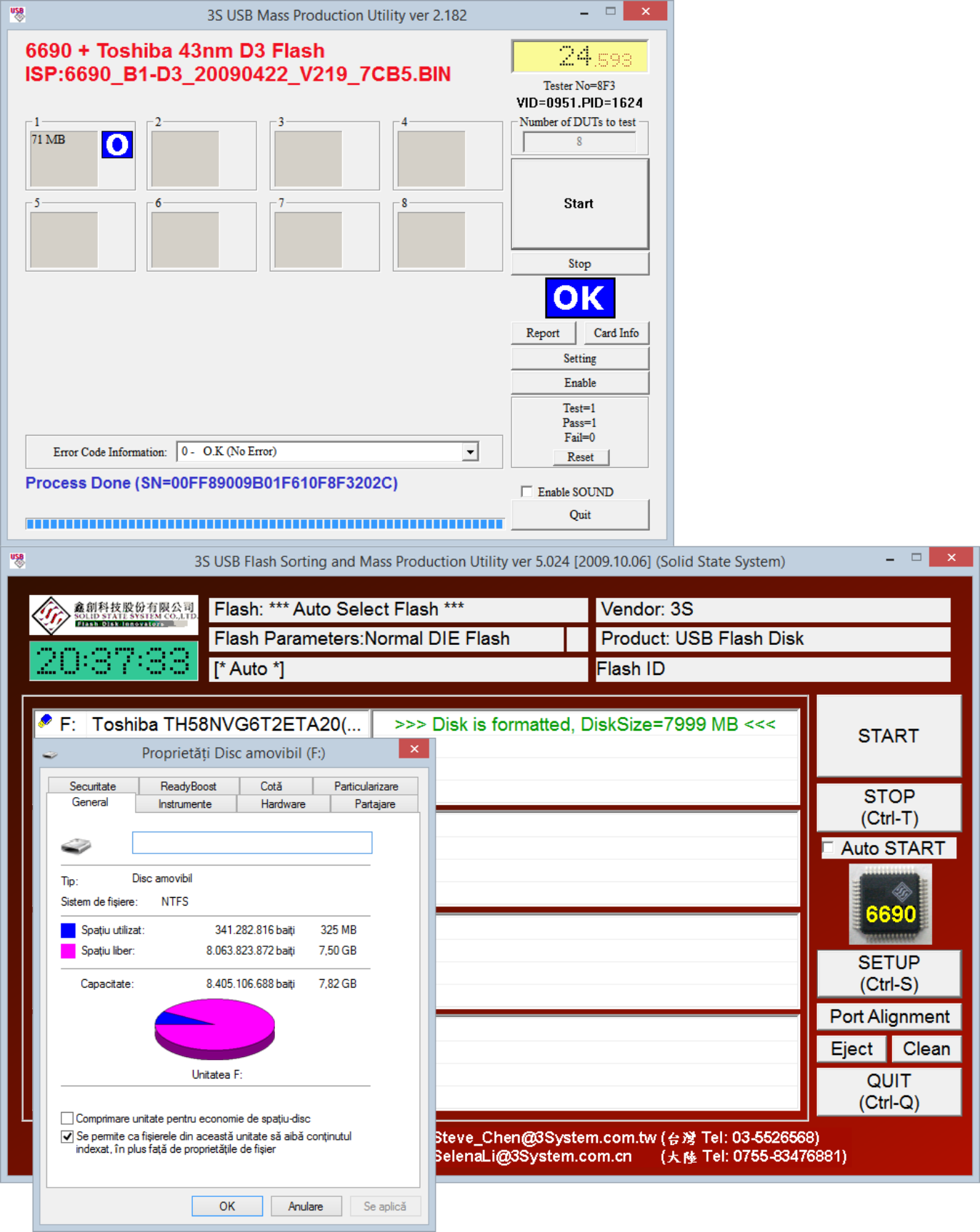 3 images showing the repair process: flashing the controller firmware and checking the drive capacity.